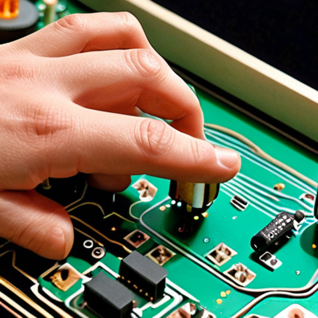 **Prompt 1: The Pulse of Electronics - Fundamental Components and Creation:** A close-up, tactile image of a human hand carefully placing a classic electronic component (like a transistor or capacitor) onto a vintage-style circuit board. The components are subtly glowing, suggesting life and energy, symbolizing the "heartbeat" of electronics. In the background, a faint musical note or sound wave visually emanates from a simple amplifier setup, representing the magic of sound created from these basic elements. The atmosphere is warm, inviting, and nostalgic, emphasizing hands-on discovery and the fundamental beauty of circuits.