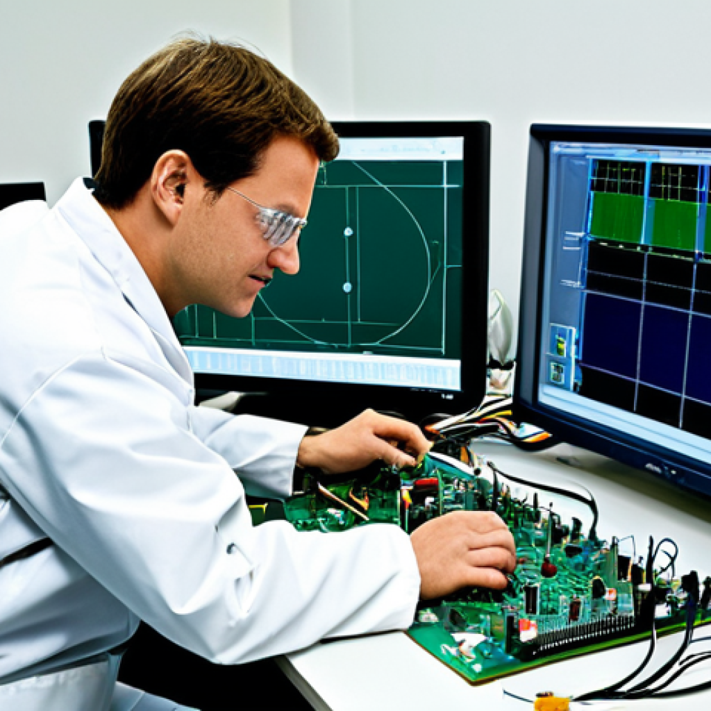 Electronics Engineer at Work** "A professional Electronics Engineer, fully clothed in a cleanroom suit, working on a complex circuit board with miniature components, appropriate attire, safe for work. Background: a high-tech laboratory with oscilloscopes and testing equipment, perfect anatomy, correct proportions, natural pose, well-formed hands, proper finger count, natural body proportions, professional, modest, family-friendly, high quality rendering, detailed." **