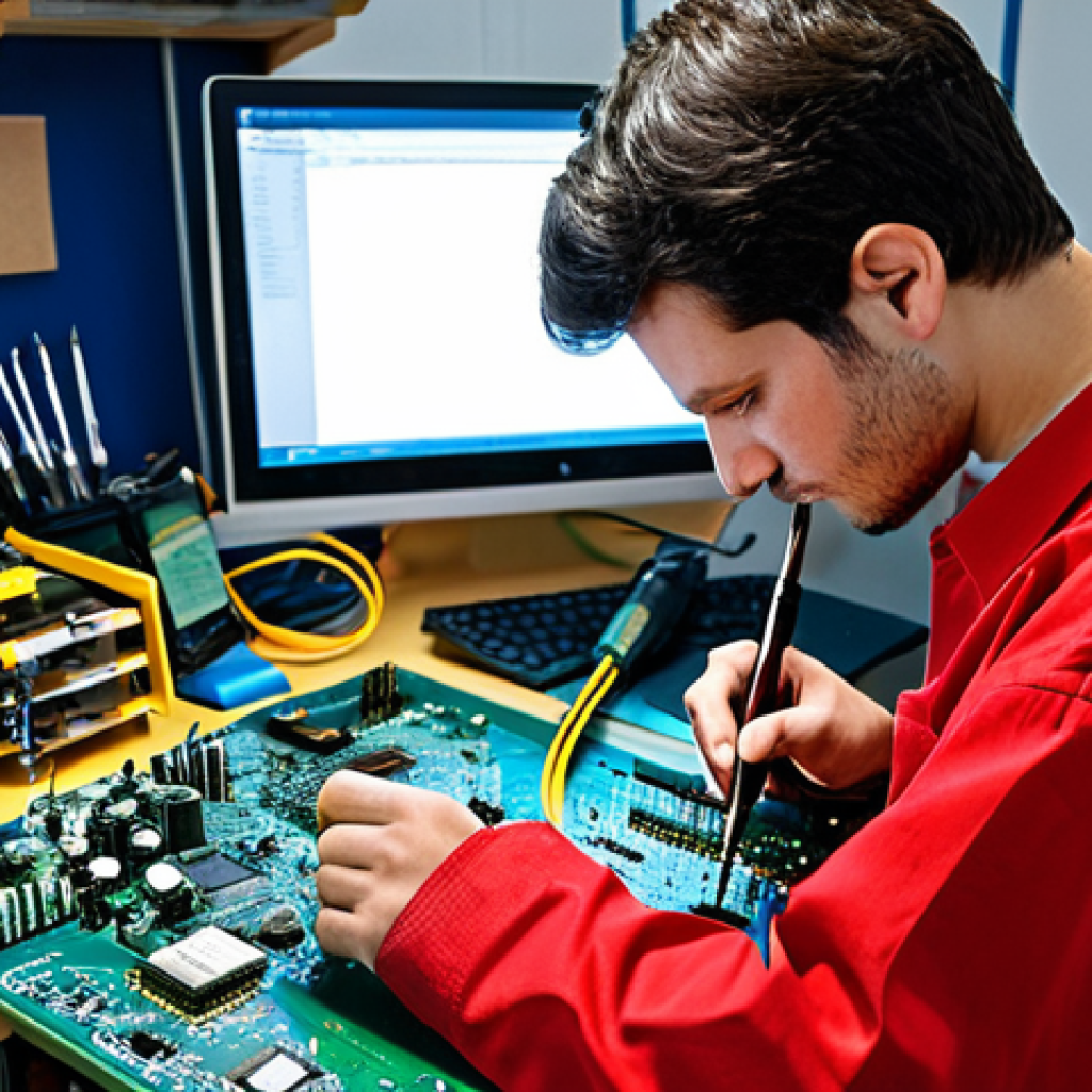Electronics Technician at Work** A fully clothed electronics technician, appropriate attire, repairing a circuit board with soldering iron in a well-lit workshop. Tools and electronic components are visible on the workbench. Safe for work, perfect anatomy, natural proportions, professional setting, modest. **
