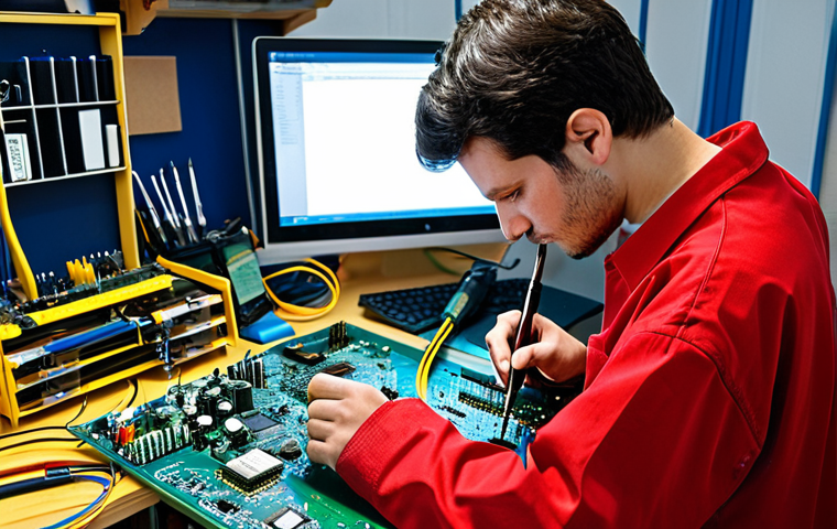 Electronics Technician at Work** A fully clothed electronics technician, appropriate attire, repairing a circuit board with soldering iron in a well-lit workshop. Tools and electronic components are visible on the workbench. Safe for work, perfect anatomy, natural proportions, professional setting, modest. **