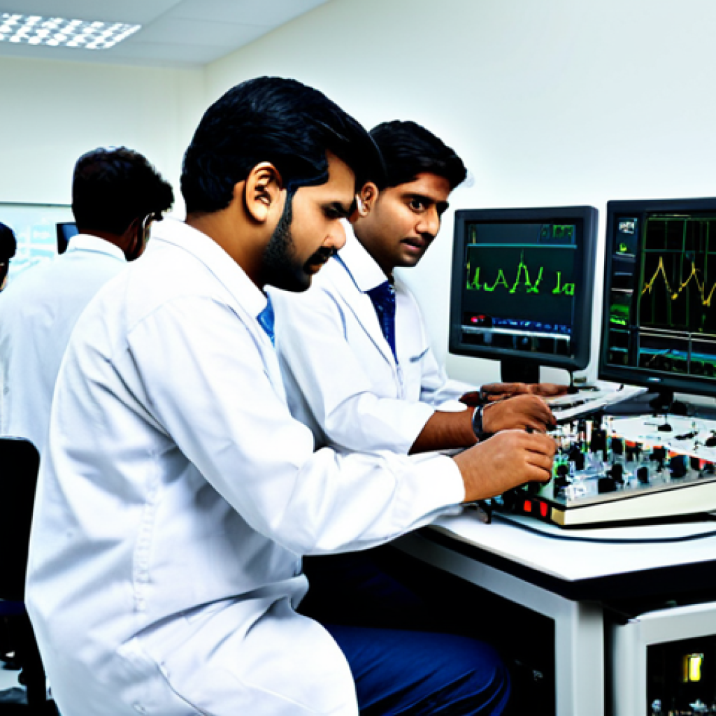 ** "A group of Indian engineers in a modern electronics lab, fully clothed in professional attire, working on circuit boards with oscilloscopes and multimeters, safe for work, appropriate content, perfect anatomy, correct proportions, professional, family-friendly, high-quality image." **
