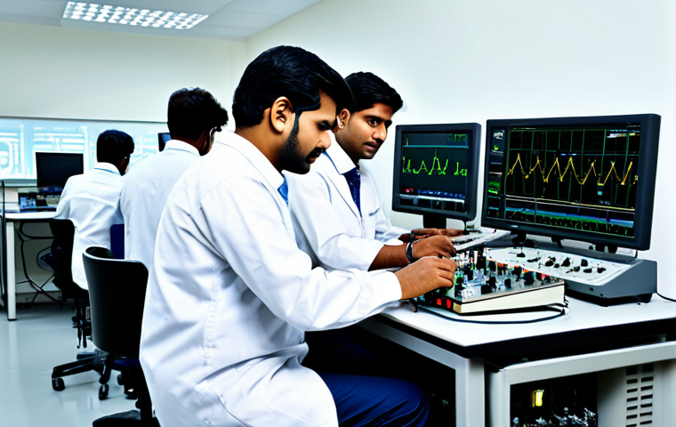 ** "A group of Indian engineers in a modern electronics lab, fully clothed in professional attire, working on circuit boards with oscilloscopes and multimeters, safe for work, appropriate content, perfect anatomy, correct proportions, professional, family-friendly, high-quality image." **