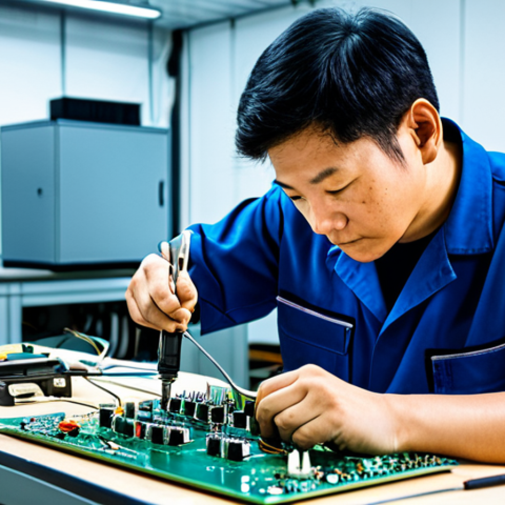 이미지 1:** A skilled electronics technician in a blue uniform, carefully repairing a complex circuit board with a soldering iron in a brightly lit workshop. Safe for work, appropriate content, fully clothed, professional.