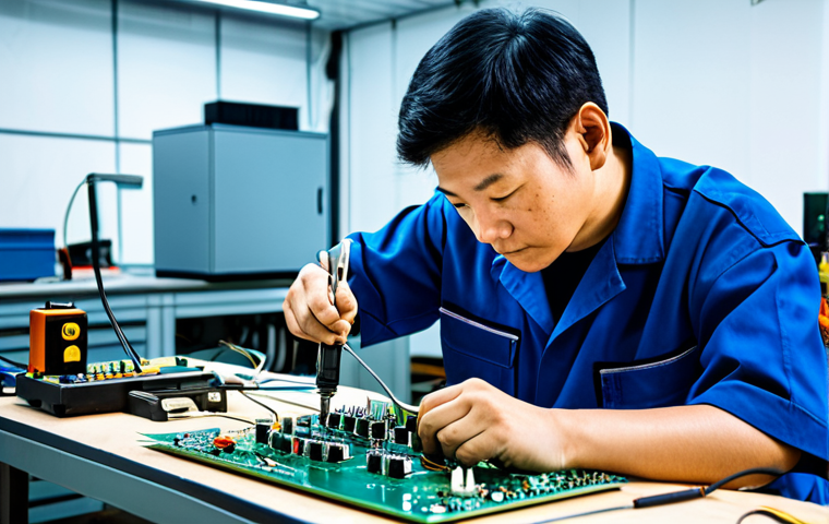이미지 1:** A skilled electronics technician in a blue uniform, carefully repairing a complex circuit board with a soldering iron in a brightly lit workshop. Safe for work, appropriate content, fully clothed, professional.