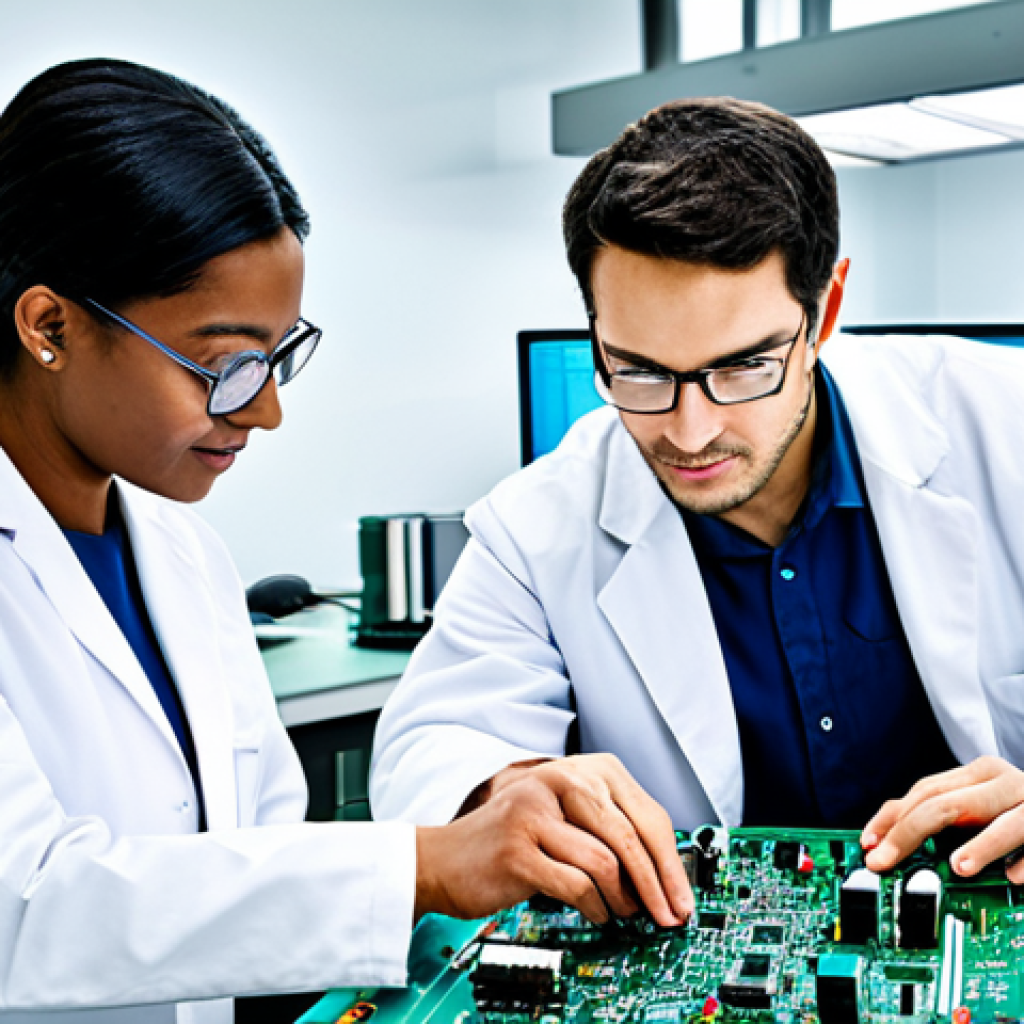 전자기술사와 관련된 프로젝트 관리 도구 - **Prompt:** A diverse team of electronics engineers collaborating on a circuit board design in a bri...