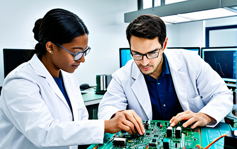 전자기술사와 관련된 프로젝트 관리 도구 - **Prompt:** A diverse team of electronics engineers collaborating on a circuit board design in a bri...