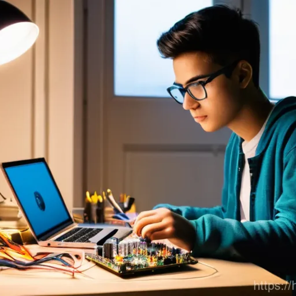전자기술사와 관련된 실무 역량 강화 - **Prompt:** A young, focused adult (male or female, 20s) diligently working on an electronics projec...
