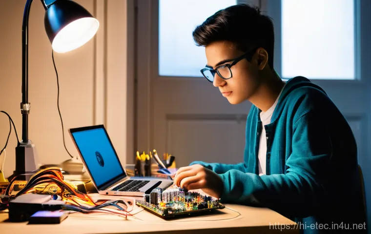 전자기술사와 관련된 실무 역량 강화 - **Prompt:** A young, focused adult (male or female, 20s) diligently working on an electronics projec...
