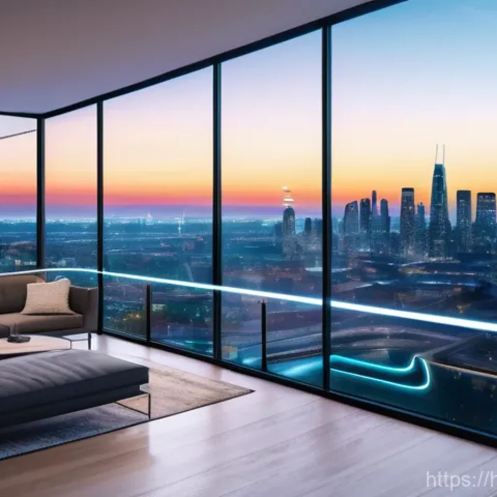 전자기술사와 관련된 전자공학 분야 소개 - **Prompt:** A vibrant, futuristic urban landscape seen from a smart home interior. In the foreground...