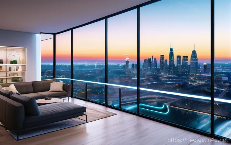전자기술사와 관련된 전자공학 분야 소개 - **Prompt:** A vibrant, futuristic urban landscape seen from a smart home interior. In the foreground...