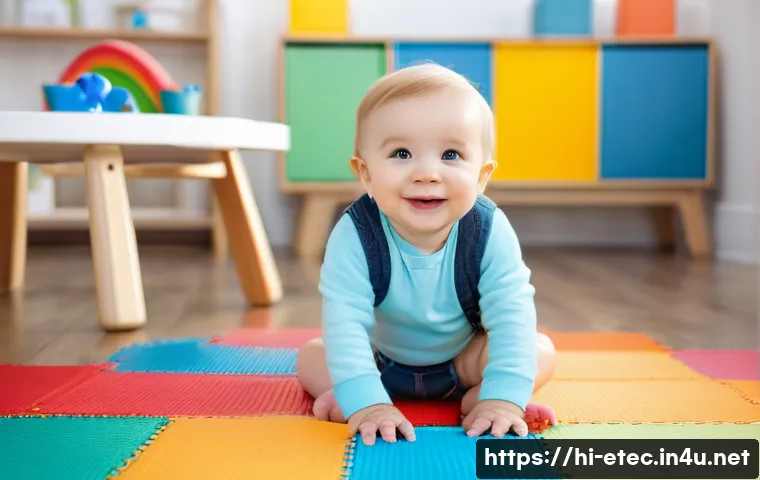전자기술사와 디지털 트랜스포메이션 - **Prompt:** A toddler (2-3 years old) sitting on a brightly colored play mat indoors, wearing a clea...