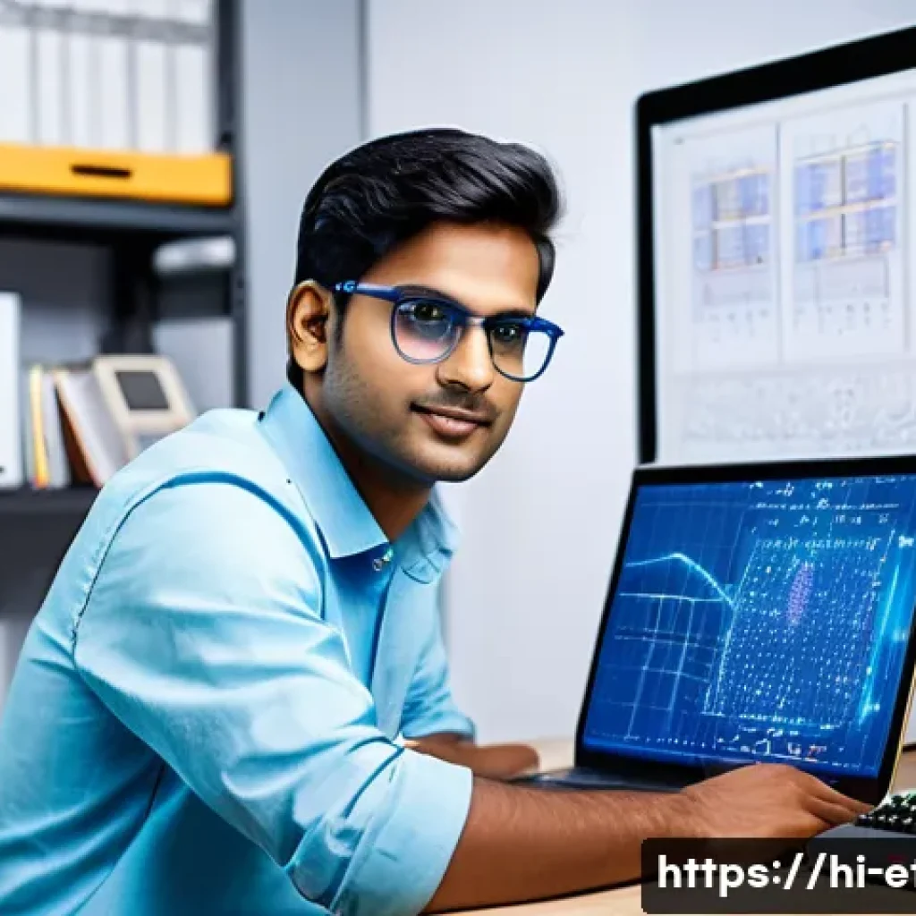 전자기술사 자격증 취득 후 경력 개발 전략 - A modern electronics technologist workspace showing a young Indian professional wearing smart casual...
