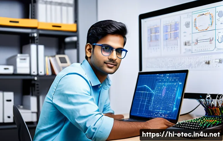 전자기술사 자격증 취득 후 경력 개발 전략 - A modern electronics technologist workspace showing a young Indian professional wearing smart casual...