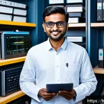 전자기술사와 관련된 학회 논문 작성법 - A detailed illustration of an Indian academic researcher in a modern electronics laboratory, wearing...