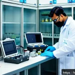 전자기술사 관련 실험실 안전 가이드 - A detailed laboratory scene showing a technician carefully selecting and using insulated tools with ...