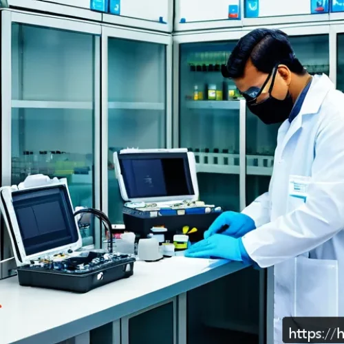 전자기술사 관련 실험실 안전 가이드 - A detailed laboratory scene showing a technician carefully selecting and using insulated tools with ...