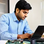 전자기술사와 관련된 자격증 연계 학습 - A detailed scene of a young Indian electronics engineer studying circuit design and digital electron...