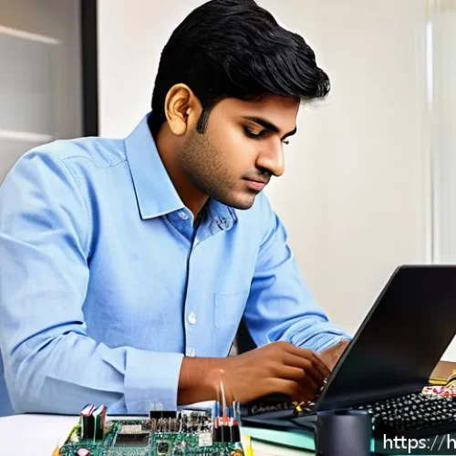 전자기술사와 관련된 자격증 연계 학습 - A detailed scene of a young Indian electronics engineer studying circuit design and digital electron...