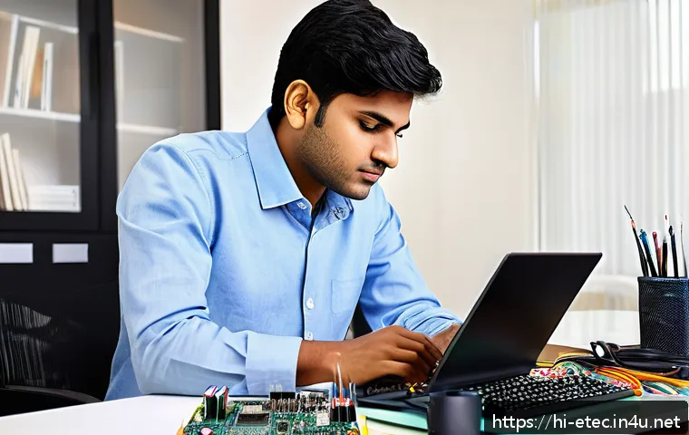 전자기술사와 관련된 자격증 연계 학습 - A detailed scene of a young Indian electronics engineer studying circuit design and digital electron...
