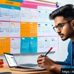 전자기술사 시험 후기 및 경험 공유 - A focused Indian student in a cozy study room, organizing a detailed timetable on a wall calendar wi...