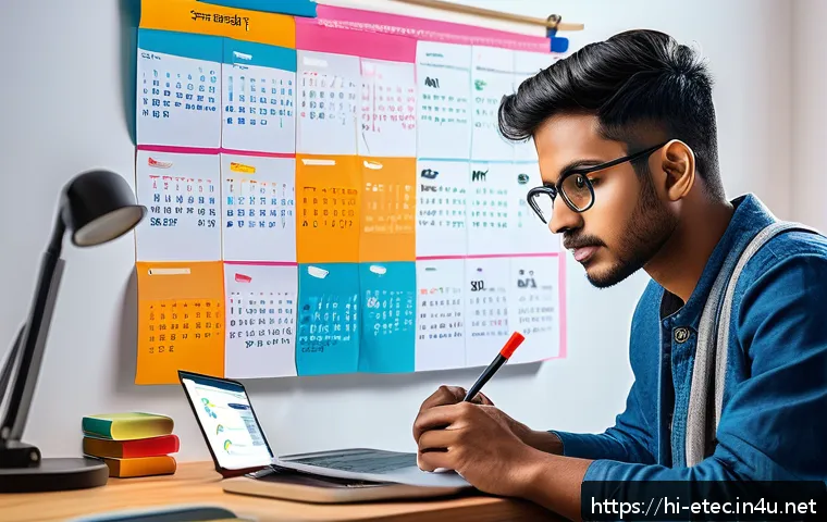 전자기술사 시험 후기 및 경험 공유 - A focused Indian student in a cozy study room, organizing a detailed timetable on a wall calendar wi...